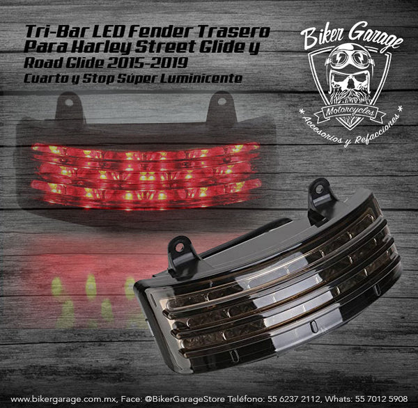 Tri-Bar (tribar) Stop Negro Led Cuarto para Fender Trasero Street Glide y Road Glide 2015-2019